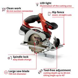 Einhell TE-CS 18/150 Li - Solo aku ruční kotoučová pila Hloubka řezu max. (90°) 48 mm bez akumulátoru, vč. příslušenství 18 V
