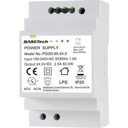 Basetech BT-2250321 síťový zdroj na DIN lištu 24 V 2.5 A 60 W Počet výstupů:2 x Obsah 1 ks