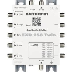 Kathrein EXD 258 Twin kaskádový rozdělovač pro satelitní signál (Unicable) Vstupy (vícenásobný spínač): 5 (4 SAT/1 terestrický) Počet účastníků: 16
