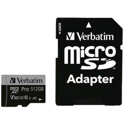 Verbatim Pro paměťová karta microSDXC 512 GB UHS-Class 3 podpora videa 4K, výkonnostní standard A2, vč. SD adaptéru, nárazuvzdorné, vodotěsné