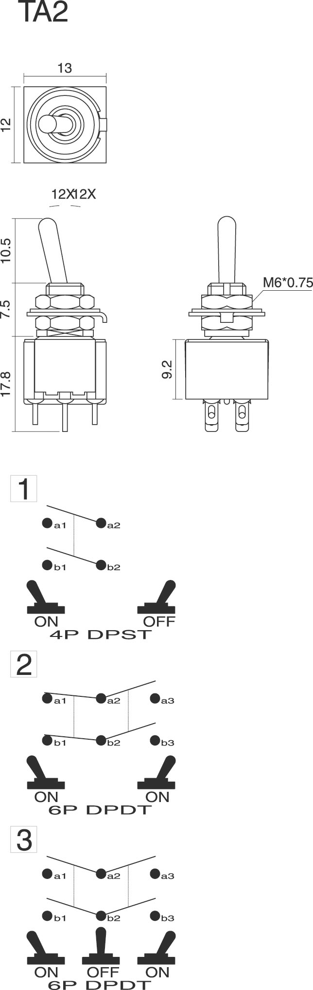 TRU COMPONENTS 1587782 TC-TA202A1 páčkový spínač 250 V/AC 3 A 2x zap/zap s aretací 1 ks