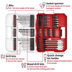Einhell 108788 95dílná sada bitů a vrtáků kov, kámen, beton, dřevo, zdivo 3 mm, 4 mm, 5 mm, 6 mm, 7 mm, 8 mm, 9 mm, 10 mm, 12 mm, 14 mm, 16 mm, 18 mm, 22 mm
