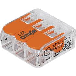 WAGO 221-413-50, 221, kabelová svorka, 0.14-4 mm², kontakty 3, transparentní, oranžová, Box, 50 ks