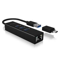 ICY BOX 60844 USB Hub 4 porty USB-A, RJ45 USB 3.1 Gen1 5 GBit/s lze ovládat prostřednictvím PC černá IB-HUB1419-LAN, USB 3.2 Gen 1 HUB und LAN Adapter,