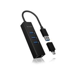 ICY BOX 60844 USB Hub 4 porty USB-A, RJ45 USB 3.1 Gen1 5 GBit/s lze ovládat prostřednictvím PC černá IB-HUB1419-LAN, USB 3.2 Gen 1 HUB und LAN Adapter,