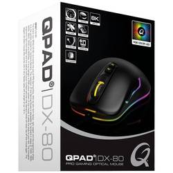 QPAD DX80 optická herní myš, přenos USB, 7 tlačítko, 1000 dpi, 1600 dpi, 2400 dpi, 3200 dpi, 5000 dpi, 8000 dpi, černá, RGB