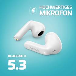 Lamax Tones1 Headset do uší (In Ear) Bluetooth® stereo bílá Indikátor nabití, Nabíjecí pouzdro, regulace hlasitosti, odolné vůči potu, dotykové ovládání,