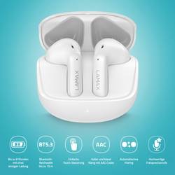 Lamax Tones1 Headset do uší (In Ear) Bluetooth® stereo bílá Indikátor nabití, Nabíjecí pouzdro, regulace hlasitosti, odolné vůči potu, dotykové ovládání,