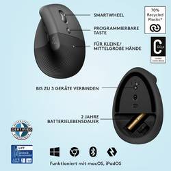 Logitech Lift Vertical Ergonomic Mouse optická ergonomická myš, přenos Bluetooth®, bezdrátový, 6 tlačítko, 4000 dpi, grafitová