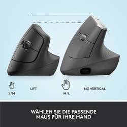 Logitech Lift Vertical Ergonomic Mouse optická ergonomická myš, přenos Bluetooth®, bezdrátový, 6 tlačítko, 4000 dpi, grafitová