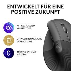 Logitech Lift Vertical Ergonomic Mouse optická ergonomická myš, přenos Bluetooth®, bezdrátový, 6 tlačítko, 4000 dpi, grafitová