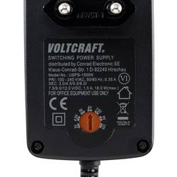 VOLTCRAFT VC-11258700 zásuvkový napájecí adaptér, nastavitelný, regulovatelné výstupní napětí, 3 V/DC, 4.5 V/DC, 5 V/DC, 6 V/DC, 7.5 V/DC, 9 V/DC, 12 V/DC, 1.5