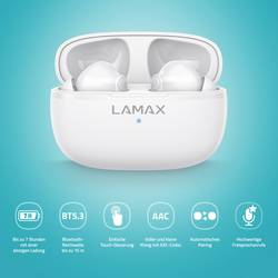 Lamax Clips1 Play Headset do uší (In Ear) Bluetooth® stereo bílá Indikátor nabití, Nabíjecí pouzdro, regulace hlasitosti, odolné vůči potu, dotykové ovládání,