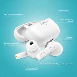 Lamax Clips1 Play Headset do uší (In Ear) Bluetooth® stereo bílá Indikátor nabití, Nabíjecí pouzdro, regulace hlasitosti, odolné vůči potu, dotykové ovládání,