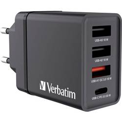Verbatim CHR-30EU1 USB nabíječka, 3x USB A, 1x USB-C®, 30 W, Dodávka energie, QC 3.0, Power Delivery 3.0, černá