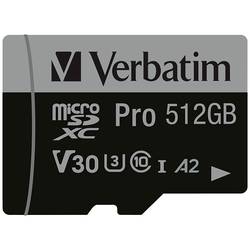 Verbatim Pro paměťová karta microSDXC 512 GB UHS-Class 3 podpora videa 4K, výkonnostní standard A2, vč. SD adaptéru, nárazuvzdorné, vodotěsné