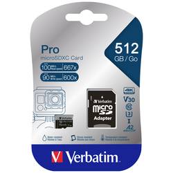 Verbatim Pro paměťová karta microSDXC 512 GB UHS-Class 3 podpora videa 4K, výkonnostní standard A2, vč. SD adaptéru, nárazuvzdorné, vodotěsné