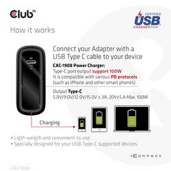 club3D CAC-1908 napájecí adaptér k notebooku, GaN, USB Power Delivery (USB-PD) , 1x USB-C®, 100 W, černá