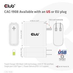 club3D CAC-1908 napájecí adaptér k notebooku, GaN, USB Power Delivery (USB-PD) , 1x USB-C®, 100 W, černá