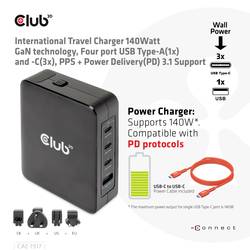 club3D CAC-1917 USB nabíjecí hub, GaN, 1x USB A , 3x USB-C®, 140 W, Dodávka energie, černá