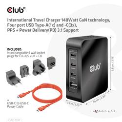 club3D CAC-1917 USB nabíjecí hub, GaN, 1x USB A , 3x USB-C®, 140 W, Dodávka energie, černá