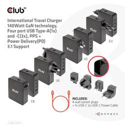 club3D CAC-1917 USB nabíjecí hub, GaN, 1x USB A , 3x USB-C®, 140 W, Dodávka energie, černá