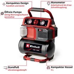 Einhell TE-AC 18/75 Li OF-Solo, 4020410, Akumulátorový kompresor, 8 bar, Bez akumulátoru, analogový manometr, 1 válec