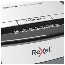 Rexel Optimum AutoFeed+ 50X skartovačka mikrořez 4 x 28 mm 20 l Počet listů (max.): 50 listů Křížový řez kancelářské sponky, sponky do sešívačky, kreditní karty