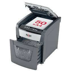 Rexel Optimum AutoFeed+ 50X skartovačka mikrořez 4 x 28 mm 20 l Počet listů (max.): 50 listů Křížový řez kancelářské sponky, sponky do sešívačky, kreditní karty