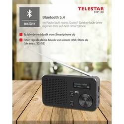 Telestar TELESTAR TOP 100 Schwarz 5700100 Akumulátorové rádio, DAB+, FM, Bluetooth, USB, s USB nabíječkou, s akumulátorem, funkce alarmu, černá