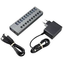 Renkforce RF-6027504 USB Hub 10 portů USB-A USB 3.1 Gen2 10 GBit/s lze spínat jednotlivě, s hliníkovým krytem stříbrnočerná RF-6027504