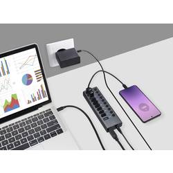 Renkforce RF-6027504 USB Hub 10 portů USB-A USB 3.1 Gen2 10 GBit/s lze spínat jednotlivě, s hliníkovým krytem stříbrnočerná RF-6027504