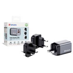 Verbatim GNC-35 GaN cestovní nabíječka, GaN, s adaptérem pro Evropu, s britským adaptérem, s americkým adaptérem, 1x USB A , 1x USB-C®, 35 W, Dodávka energie,