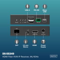 Digitus DS-55349 HDMI™, HDMI® vstup, HDMI® výstup, SFP , USB, USB-A, USB 1.1, Konektor pro síťový adaptér, RS232, microUSB, na sluchátka (jack 3,5 mm),