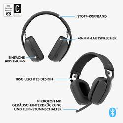 Logitech ZONE VIBE 100 Headset uzavřená (Over Ear) Bluetooth® stereo grafit Redukce šumu mikrofonu, Potlačení hluku regulace hlasitosti, Vypnutí zvuku mikrofonu