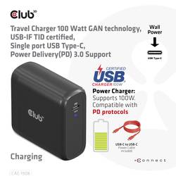 club3D CAC-1908 napájecí adaptér k notebooku, GaN, USB Power Delivery (USB-PD) , 1x USB-C®, 100 W, černá