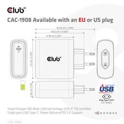 club3D CAC-1908 napájecí adaptér k notebooku, GaN, USB Power Delivery (USB-PD) , 1x USB-C®, 100 W, černá