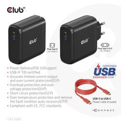 club3D CAC-1908 napájecí adaptér k notebooku, GaN, USB Power Delivery (USB-PD) , 1x USB-C®, 100 W, černá