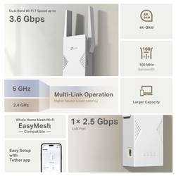 TP-LINK Wi-Fi repeater TP-Link BE3600 Ricevitore e trasmettitore di rete Bianco 2500 Mbit/s, RE235BE, Wi-Fi 7, meshový