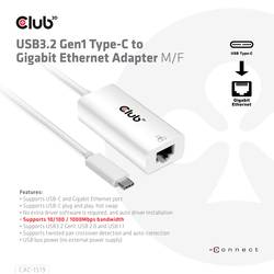 club3D Adapter USB 3.2 Typ C - RJ-45 adaptér 10 / 100 / 1000 MBit/s USB-C®, RJ45