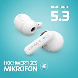 Lamax Clips1 Play Headset do uší (In Ear) Bluetooth® stereo bílá Indikátor nabití, Nabíjecí pouzdro, regulace hlasitosti, odolné vůči potu, dotykové ovládání,