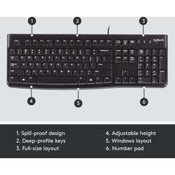 Logitech K120 Keyboard kabelový, USB klávesnice německá, QWERTZ černá odolné proti stříkající vodě