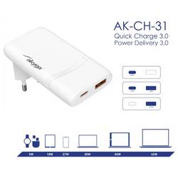 Akyga USB nabíječka, GaN, USB-C®, USB A, 65 W, Power Delivery 3.0, bílá
