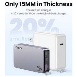 UGREEN Nexode Pro nabíjecí adaptér, GaN, USB-C® zásuvka, USB-C® zásuvka, USB-A zásuvka, 65 W, Power Delivery 3.0, šedá