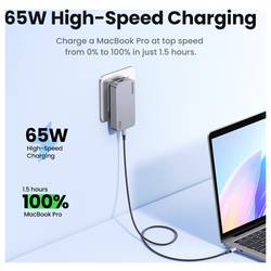 UGREEN Nexode Pro nabíjecí adaptér, GaN, USB-C® zásuvka, USB-C® zásuvka, USB-A zásuvka, 65 W, Power Delivery 3.0, šedá