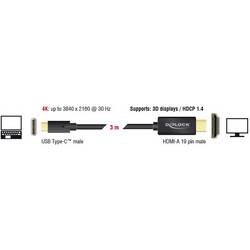 Delock USB-C® / HDMI kabelový adaptér USB-C ® zástrčka, Zástrčka HDMI-A 3.00 m černá 85260 pozlacené kontakty Kabel pro displeje USB-C®