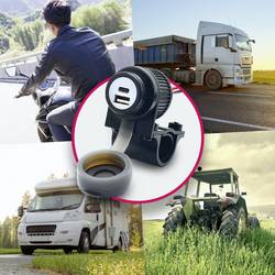Albrecht Motocykl Duo USB a + C zásuvka QC3.0, 12-24 V. Proudová zatížitelnost (max.)=2 A Dvojitá USB zásuvka pro montáž na motocykl 12 V