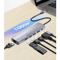 Manhattan dokovací stanice pro notebook USB-C PD 6-in-1 4K Dockingstation Hub USB-C-Stecker auf HDMI-Port 3xUSB RJ45 vč. funkce nabíjení, napájení USB-C®