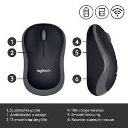 Logitech M185 optická myš, přenos bezdrátový, 2 tlačítko, 1000 dpi, šedá