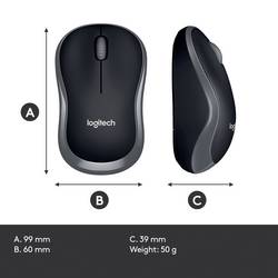 Logitech M185 optická myš, přenos bezdrátový, 2 tlačítko, 1000 dpi, šedá